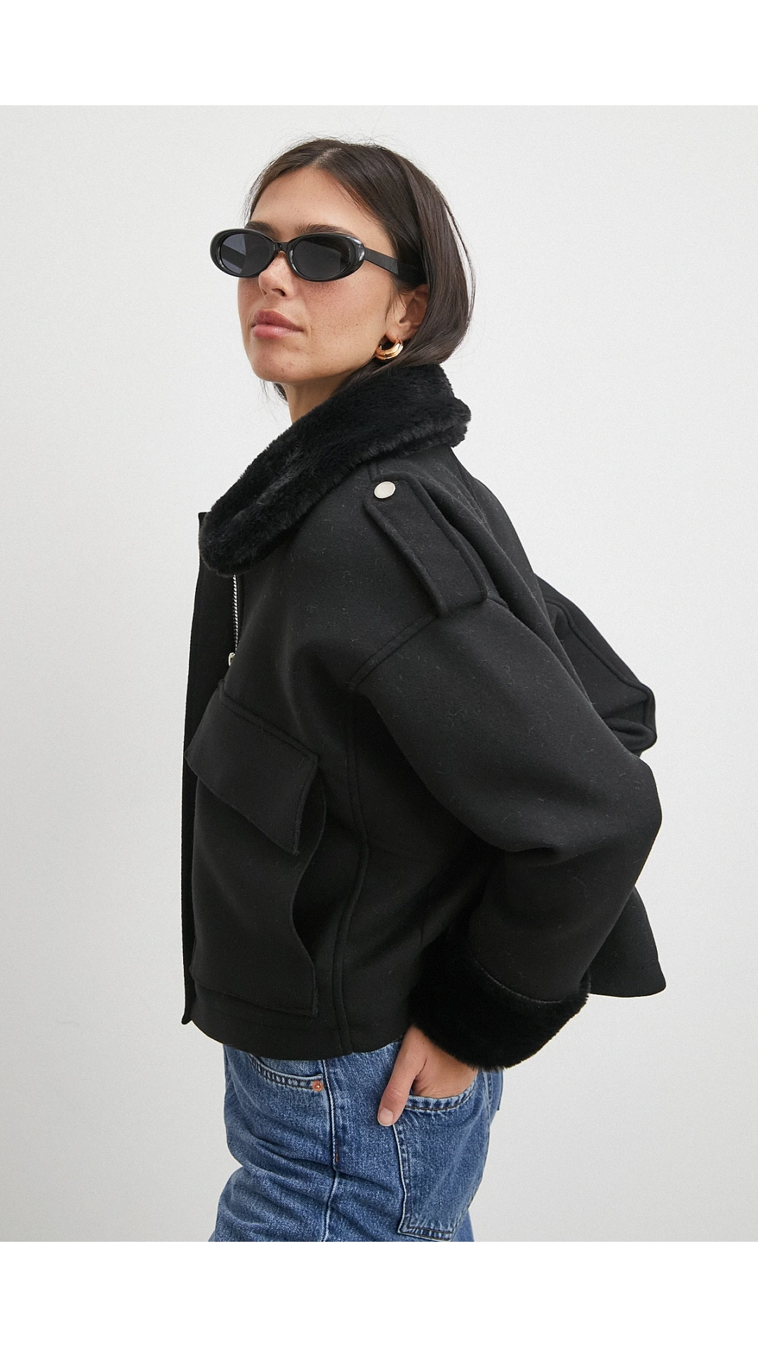 Apoletli Yünlü Körük Cepli Kaşe Mont Siyah