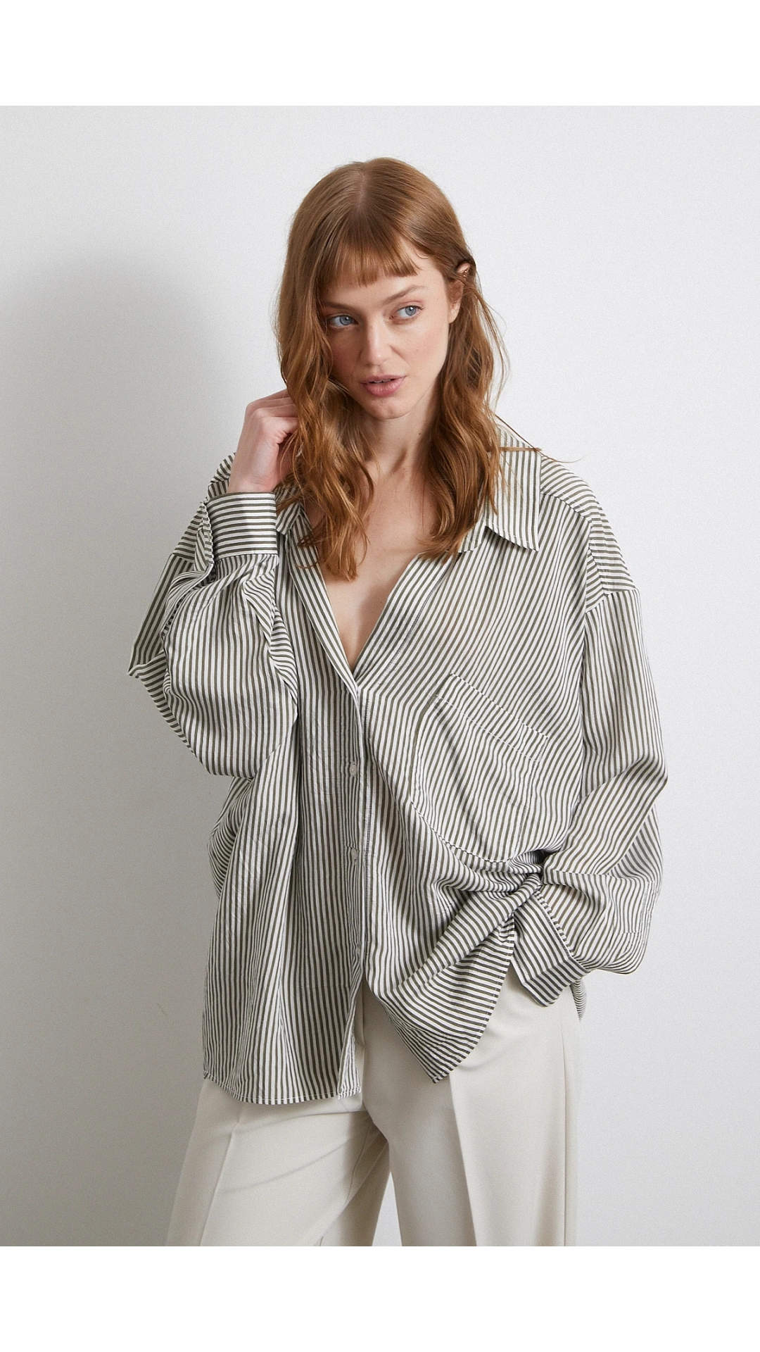 Yarasa Kol Çizgili Gömlek Haki