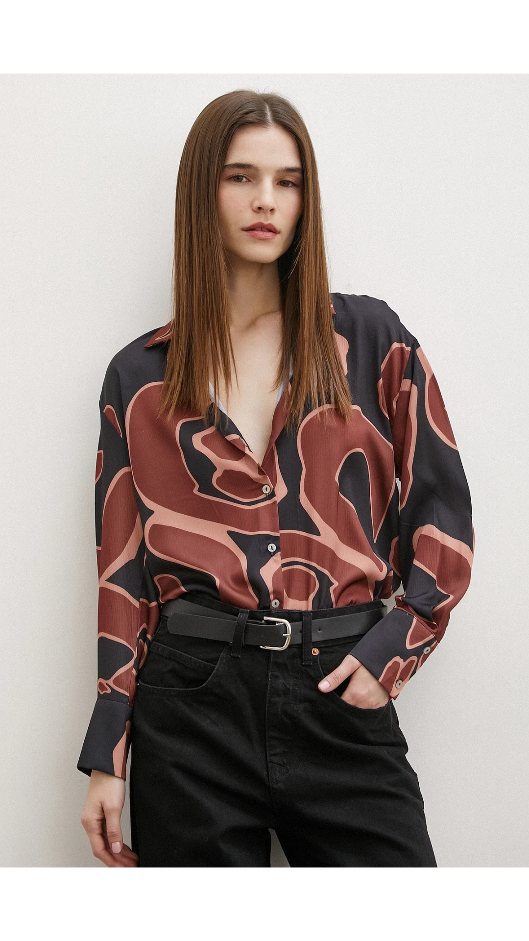 Baskılı Saten Gömlek Kahve