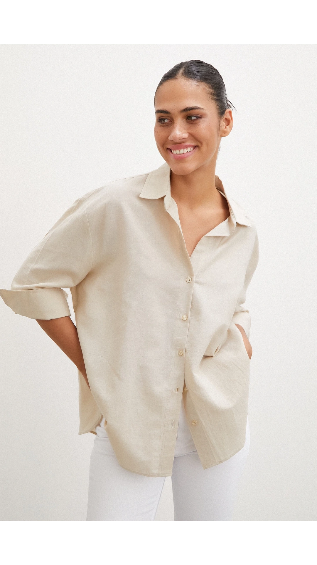 Yırtmaçlı Fakir Kol Gömlek Bej