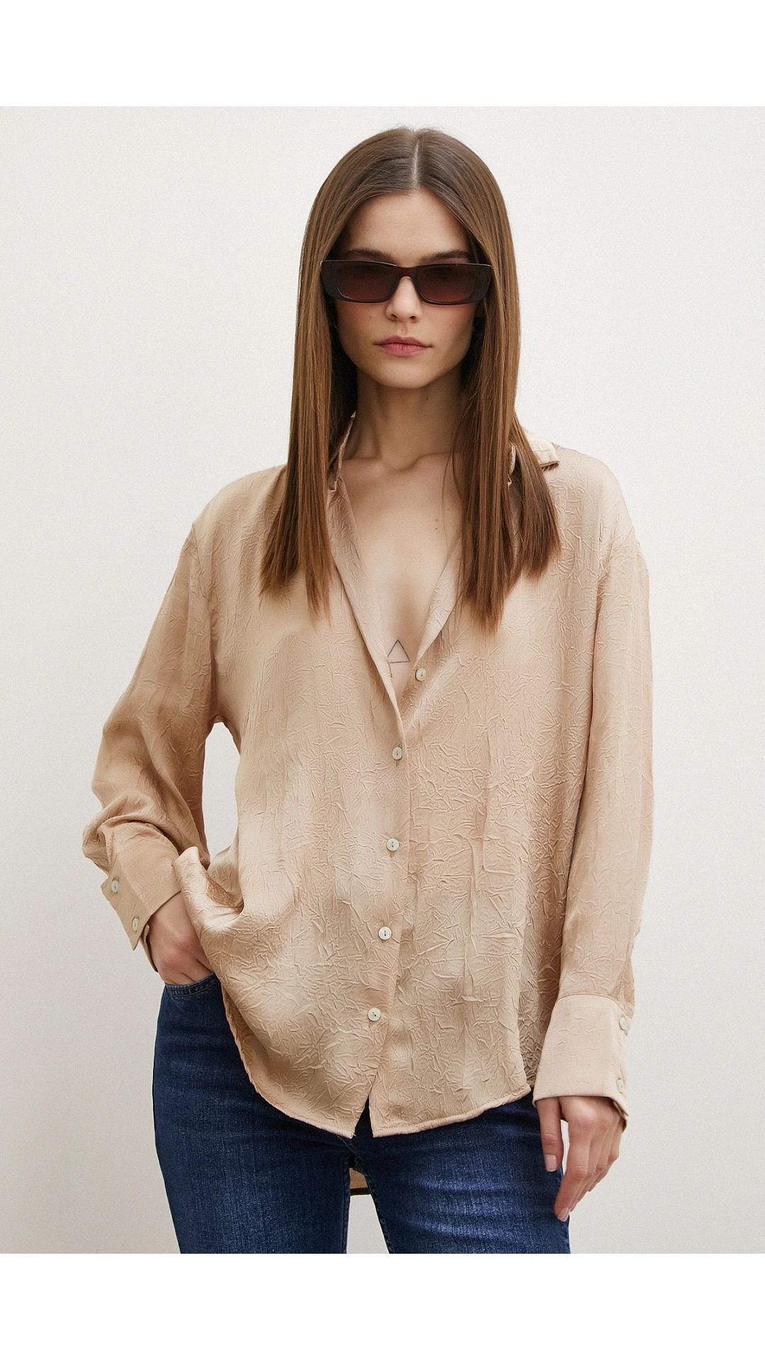 Kraşlı Saten Gömlek Vizon