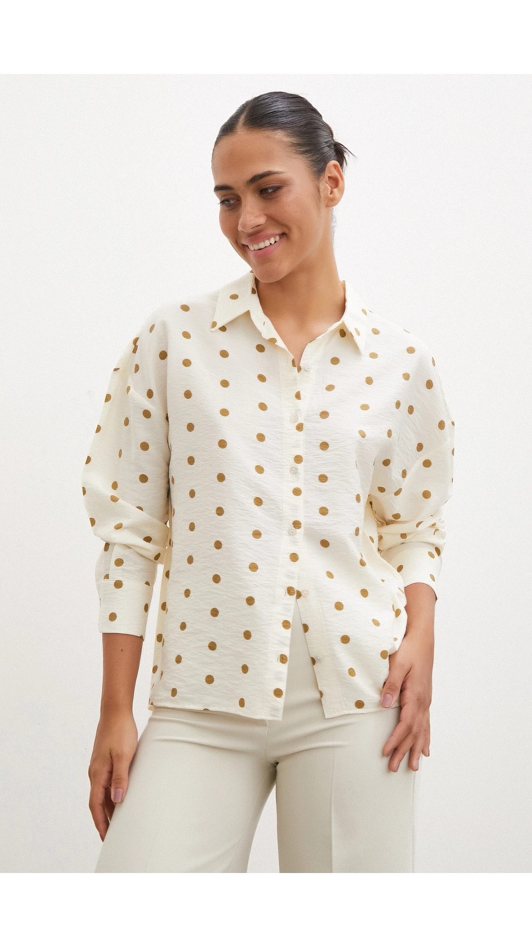 Puantiyeli Oversize Gömlek Kahve