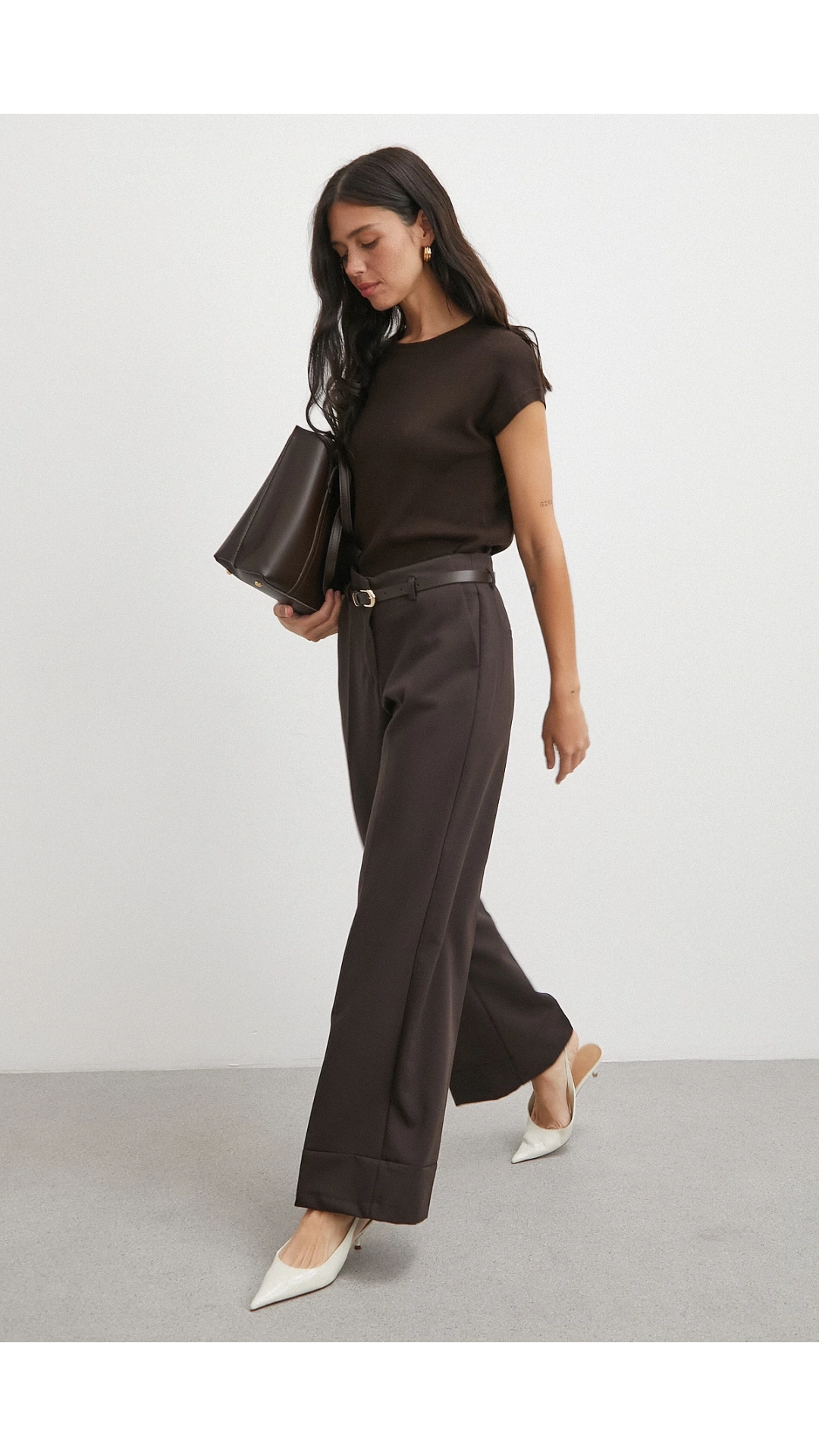 Yüksek Bel Paça Detaylı Kemerli Pantolon Kahve