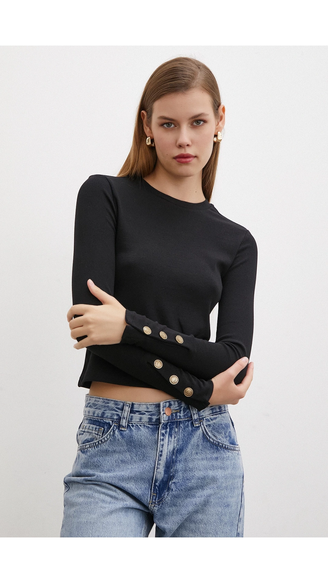 Kollu Düğmeli Bluz Siyah