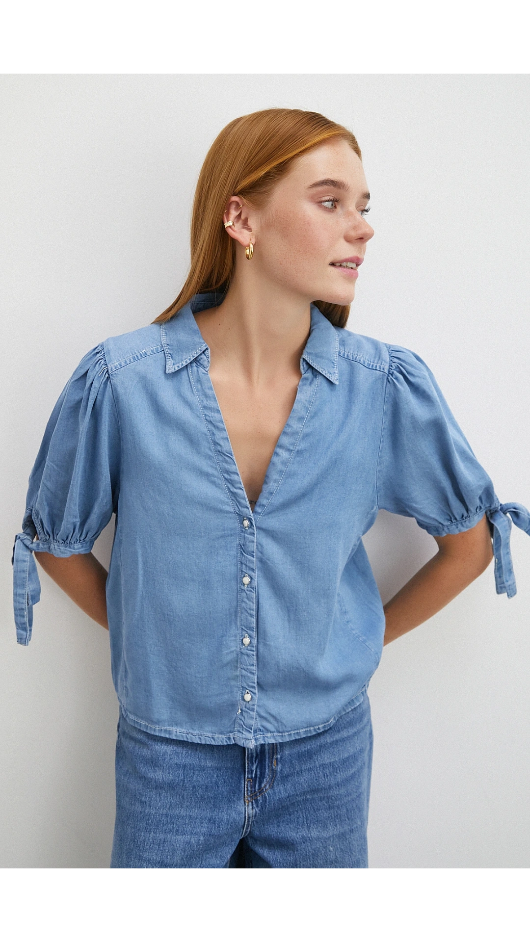 Kısa Kollu Bağcıklı Gömlek Mavi
