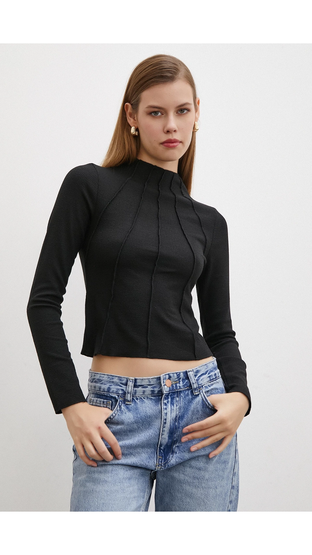 Önü Dikişli Bluz Siyah