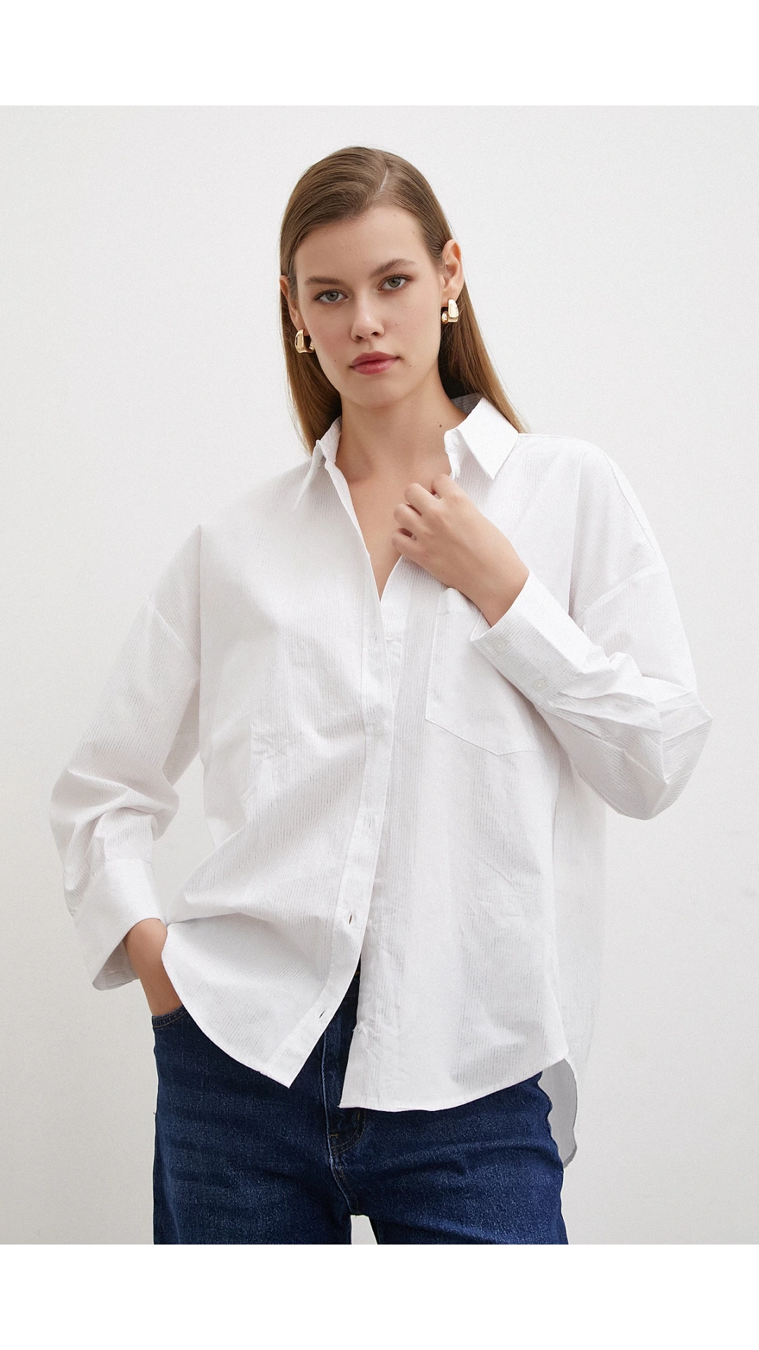 Varaklı Poplin Gömlek Beyaz
