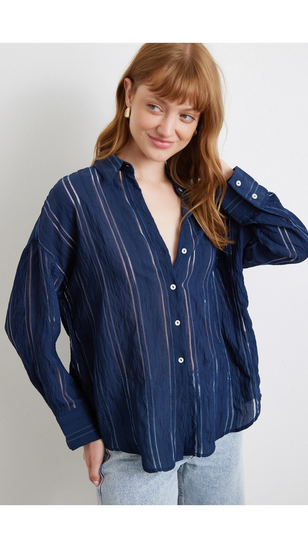 Organze Çizgili Gömlek Lacivert