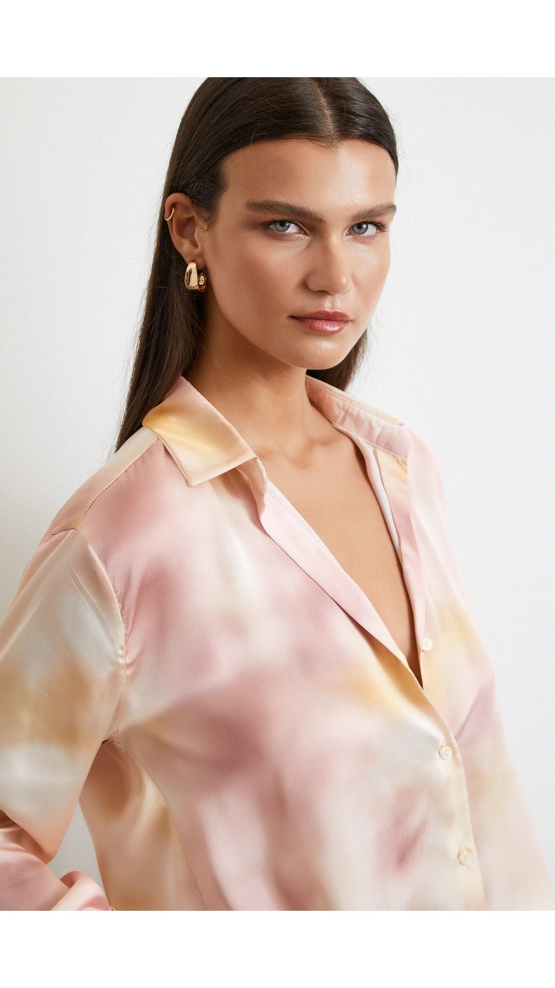 Ebruli Desen Saten GömleK Pembe