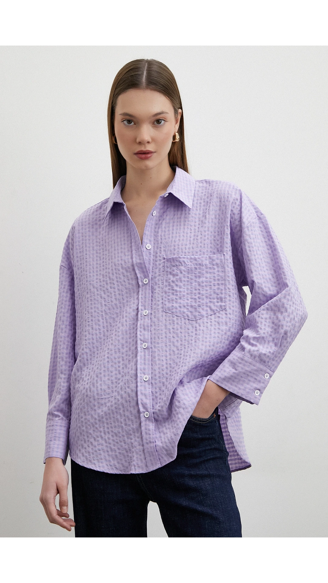 Gofre Kareli Gömlek Mor