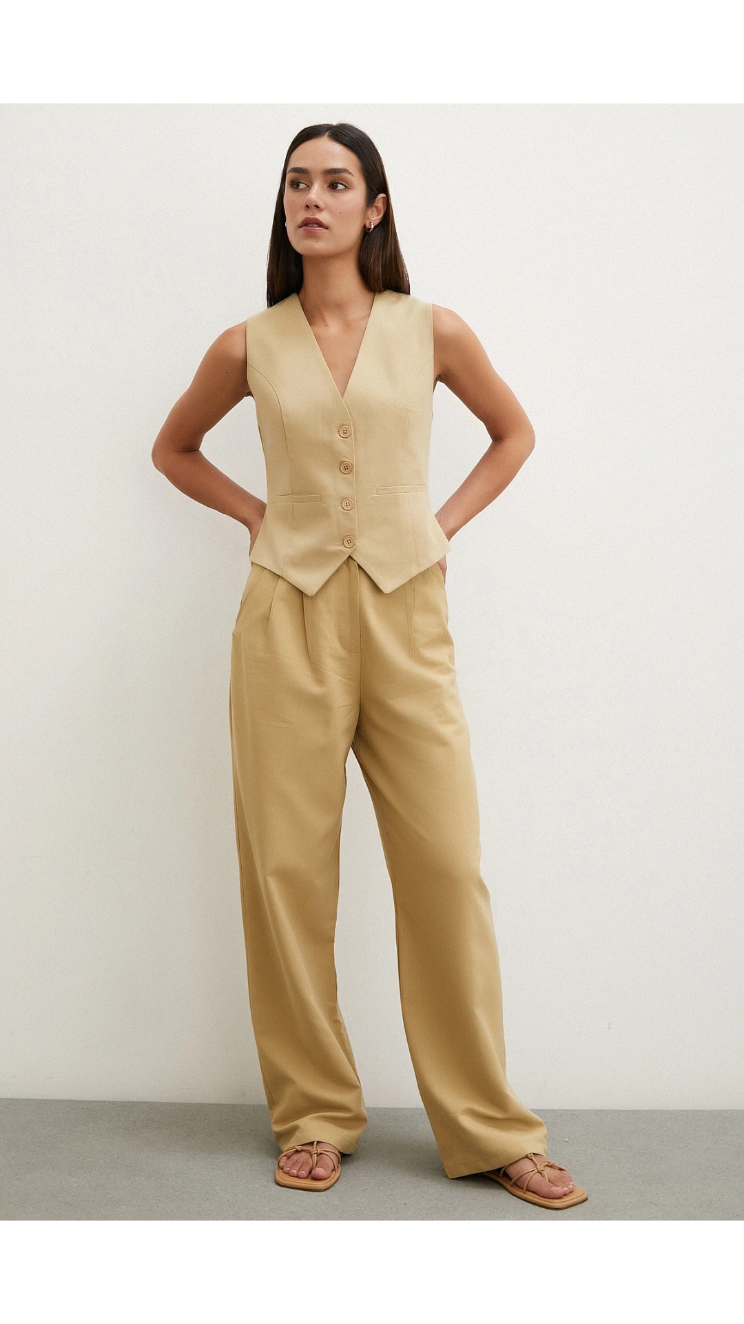 Boru Paça Yüksek Bel Keten Pantolon Camel