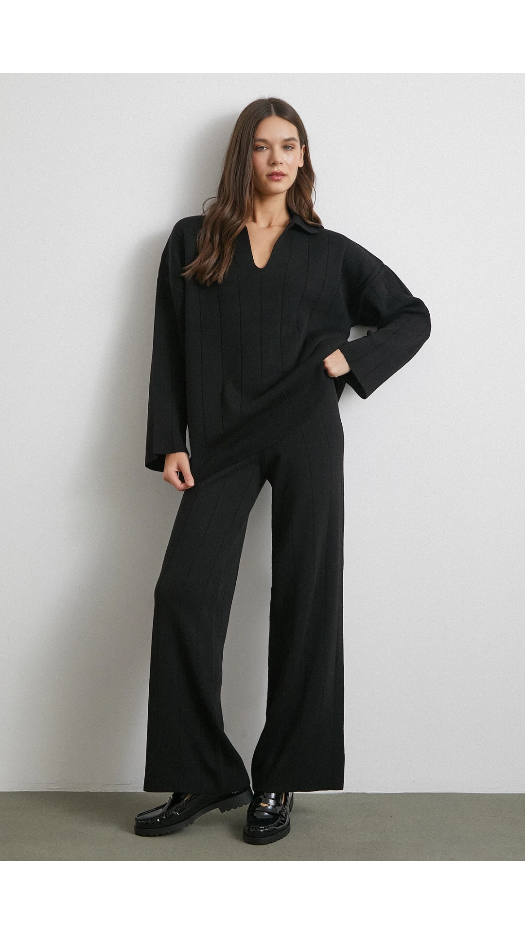 Polo Yaka Pantolonlu Triko Takım Siyah