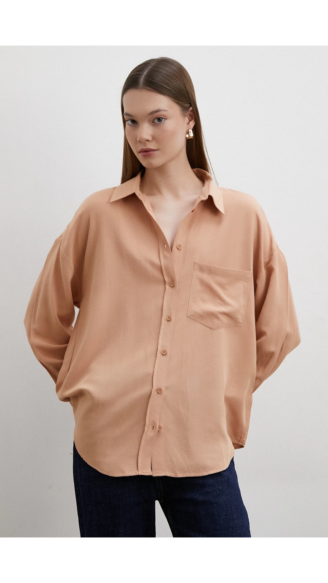 Keten Karışımlı Linen Prunes Gömlek Pudra