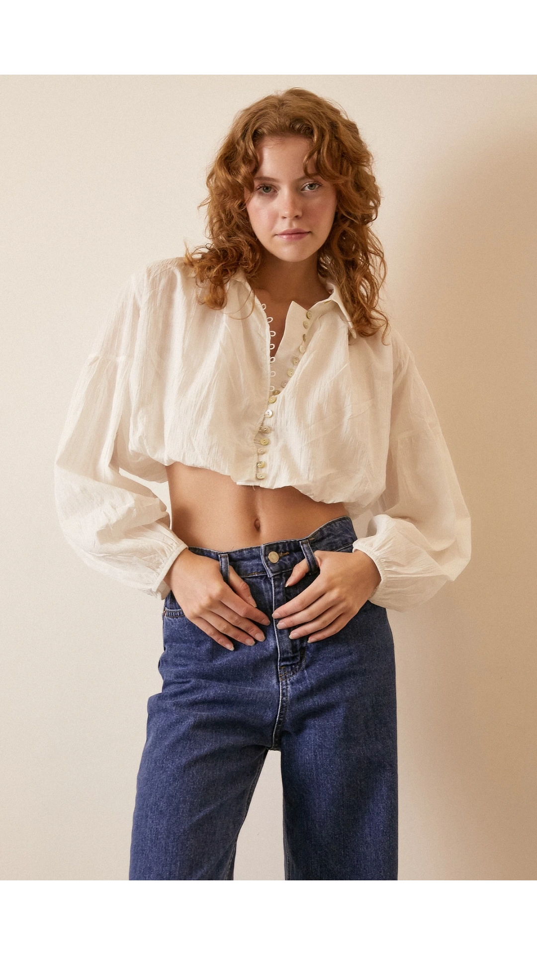Balon Crop Gömlek Beyaz