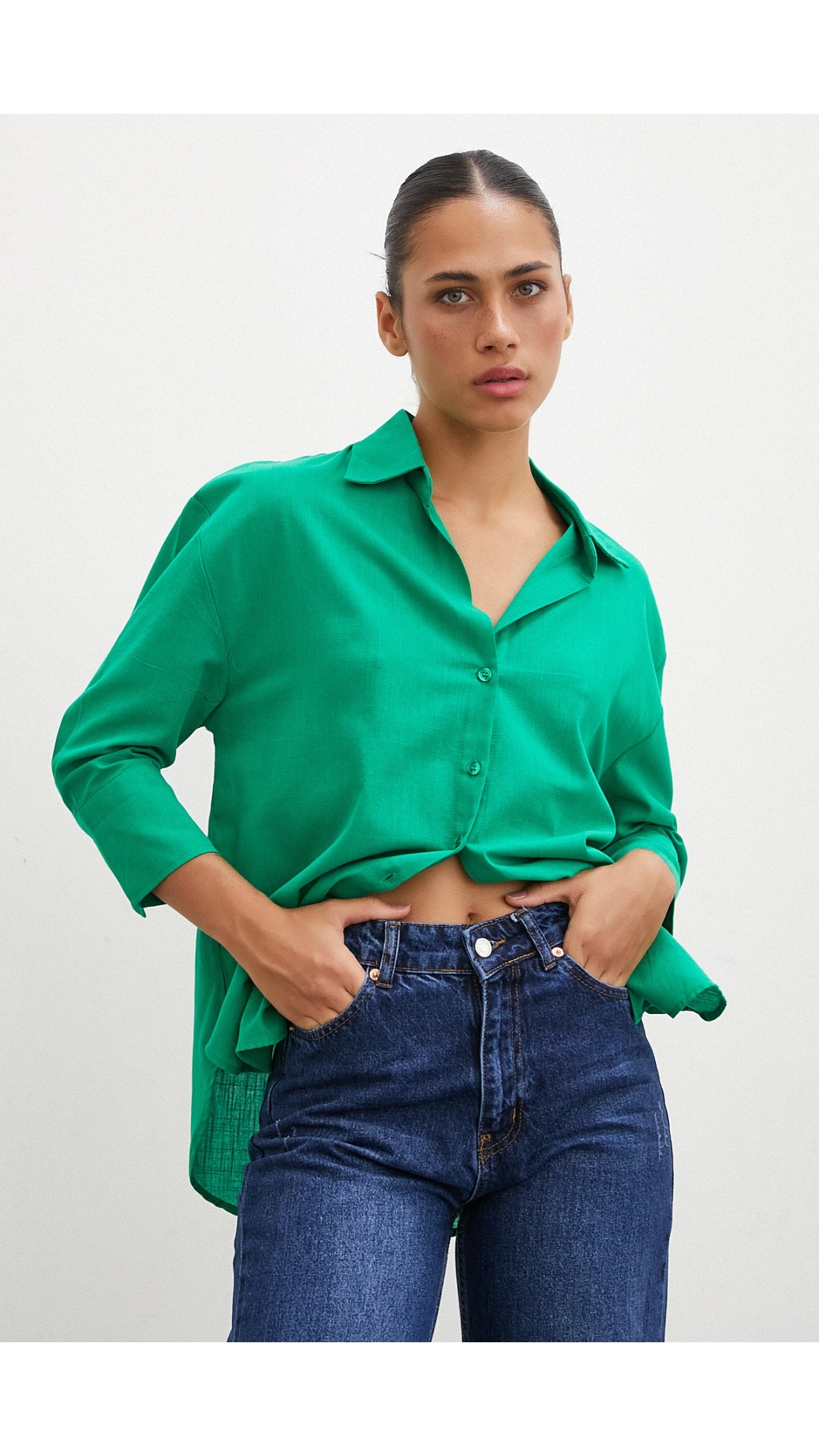 Geniş Manşetli Keten Gömlek Yeşil