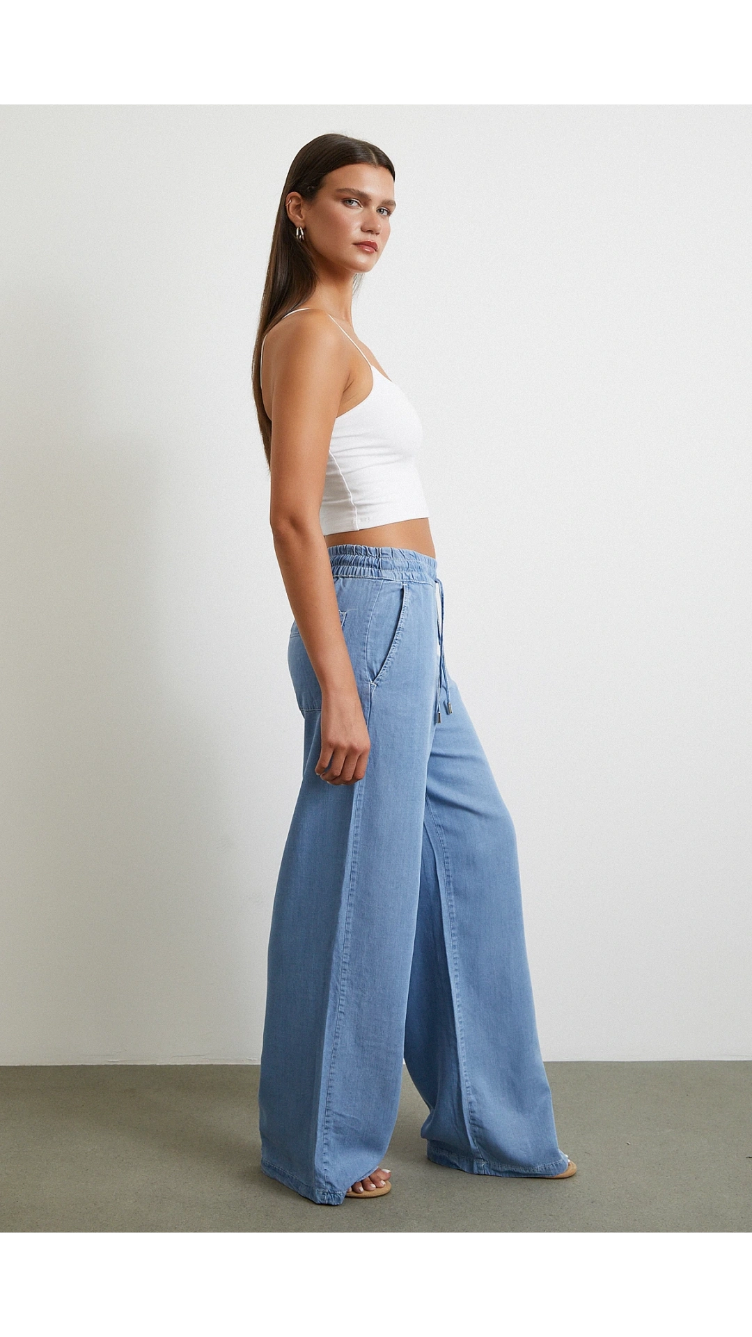 Beli Lastikli Bağcıklı Geniş Paça Pantolon Mavi