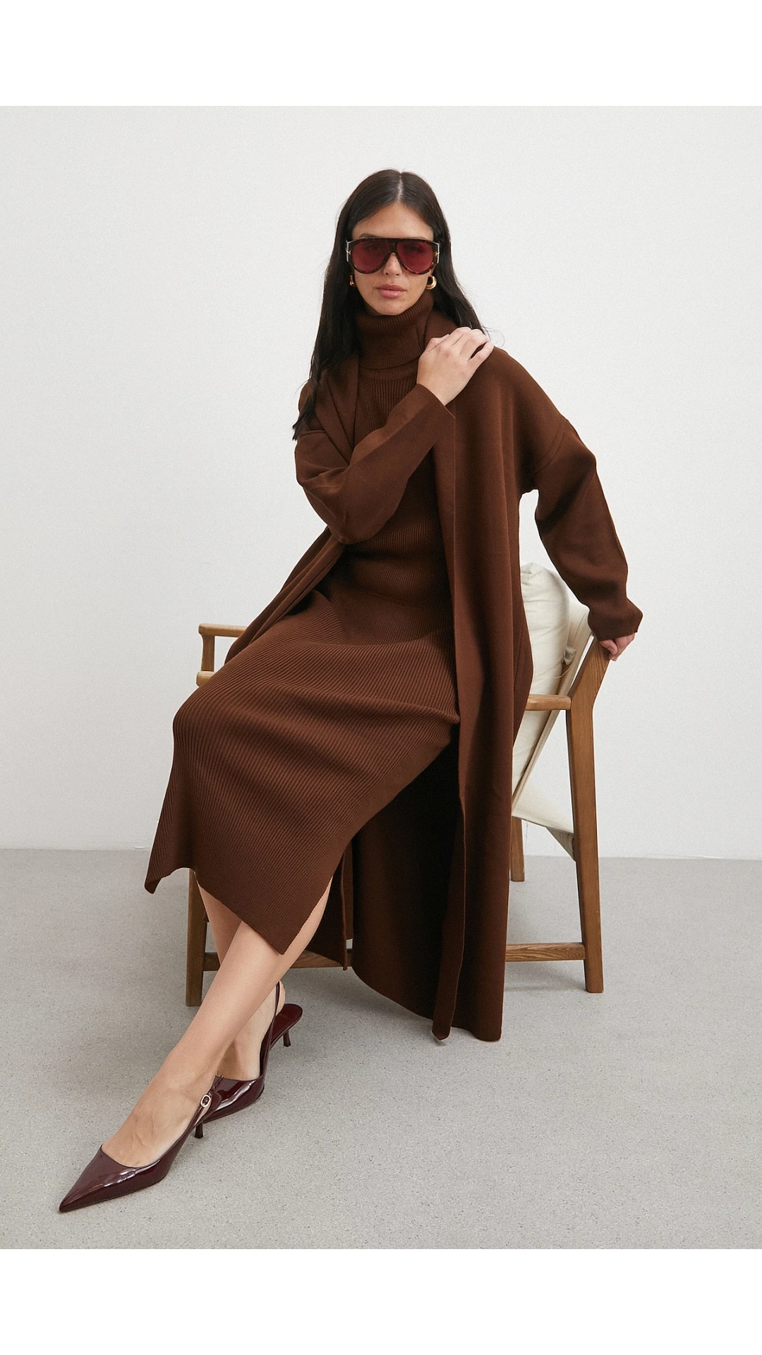Uzun Elbiseli Hırka Triko Takım Kahve