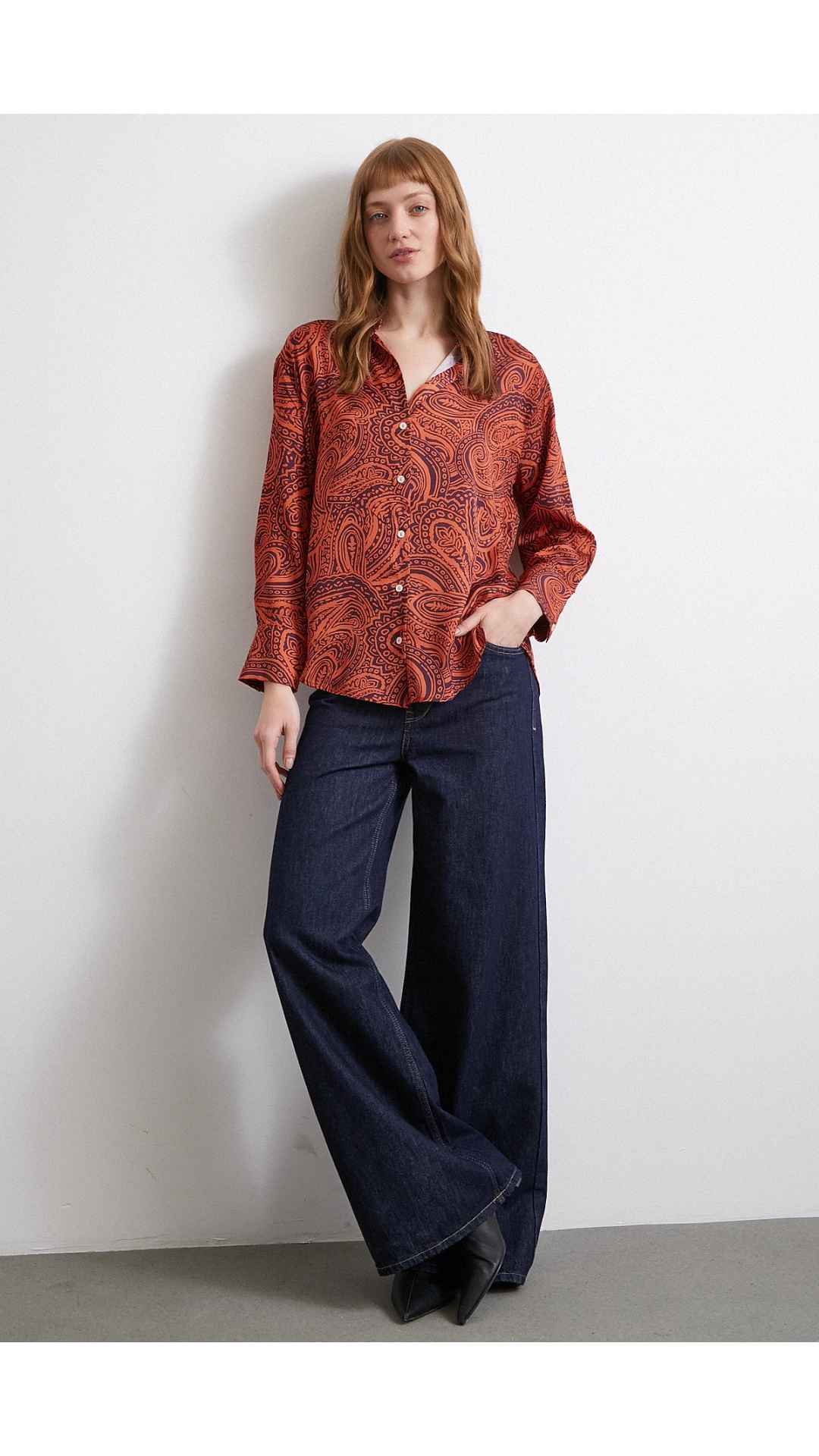 Desenli Gofret Saten Gömlek Turuncu