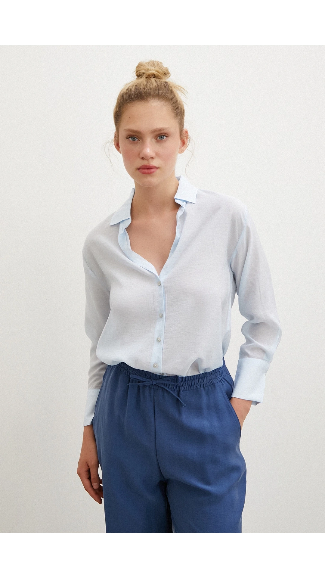 V Yaka Robalı Gömlek Mavi