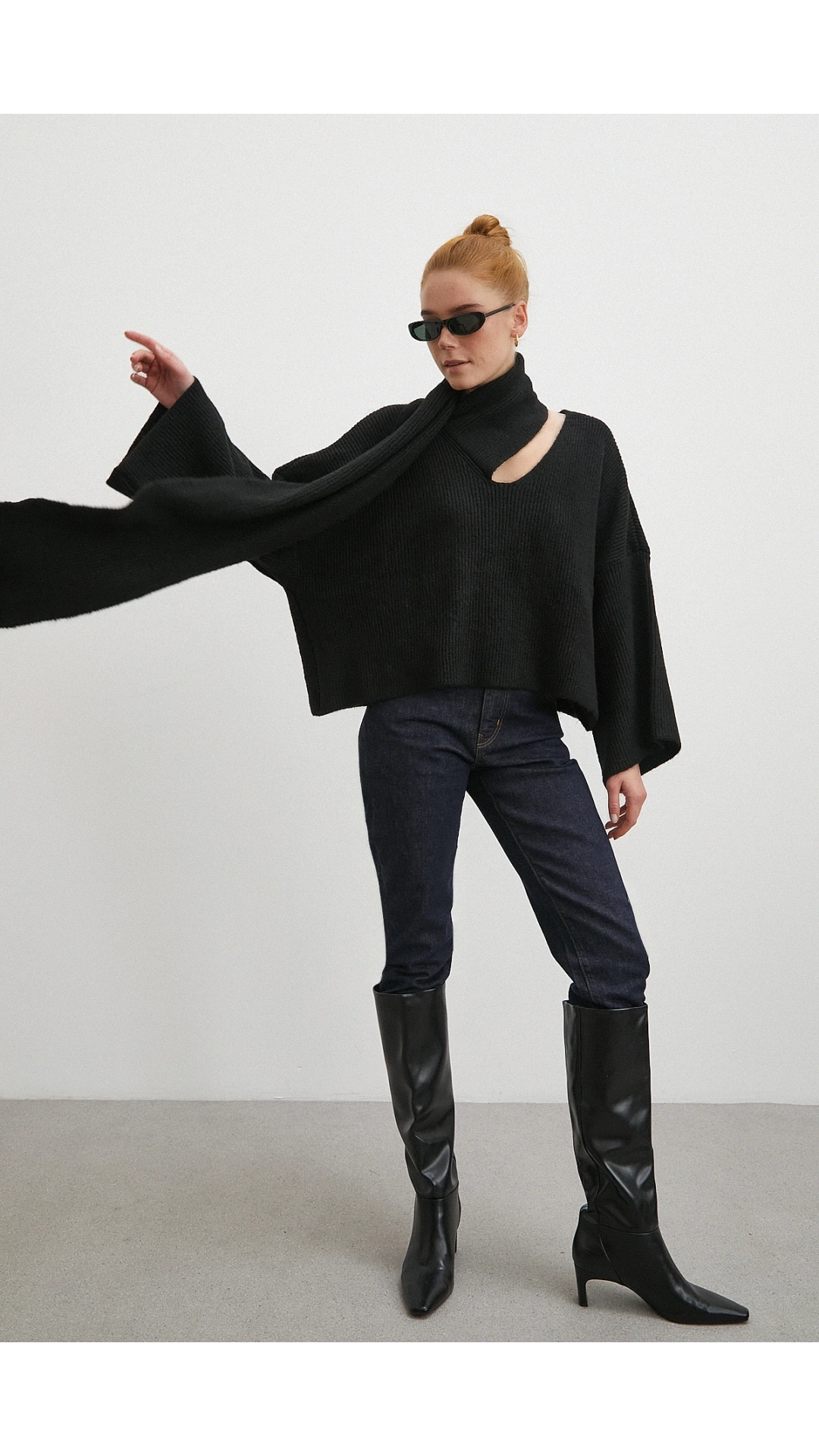 Fitilli Şal Yaka Kazak Siyah