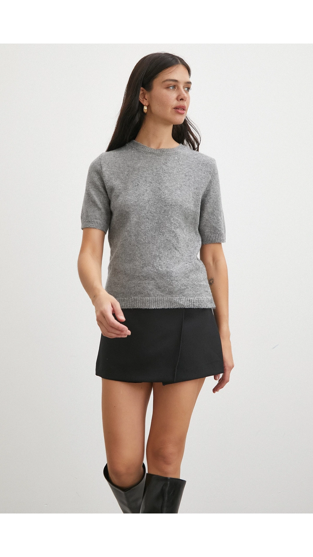 Simli Kısa Kol Kazak Gri