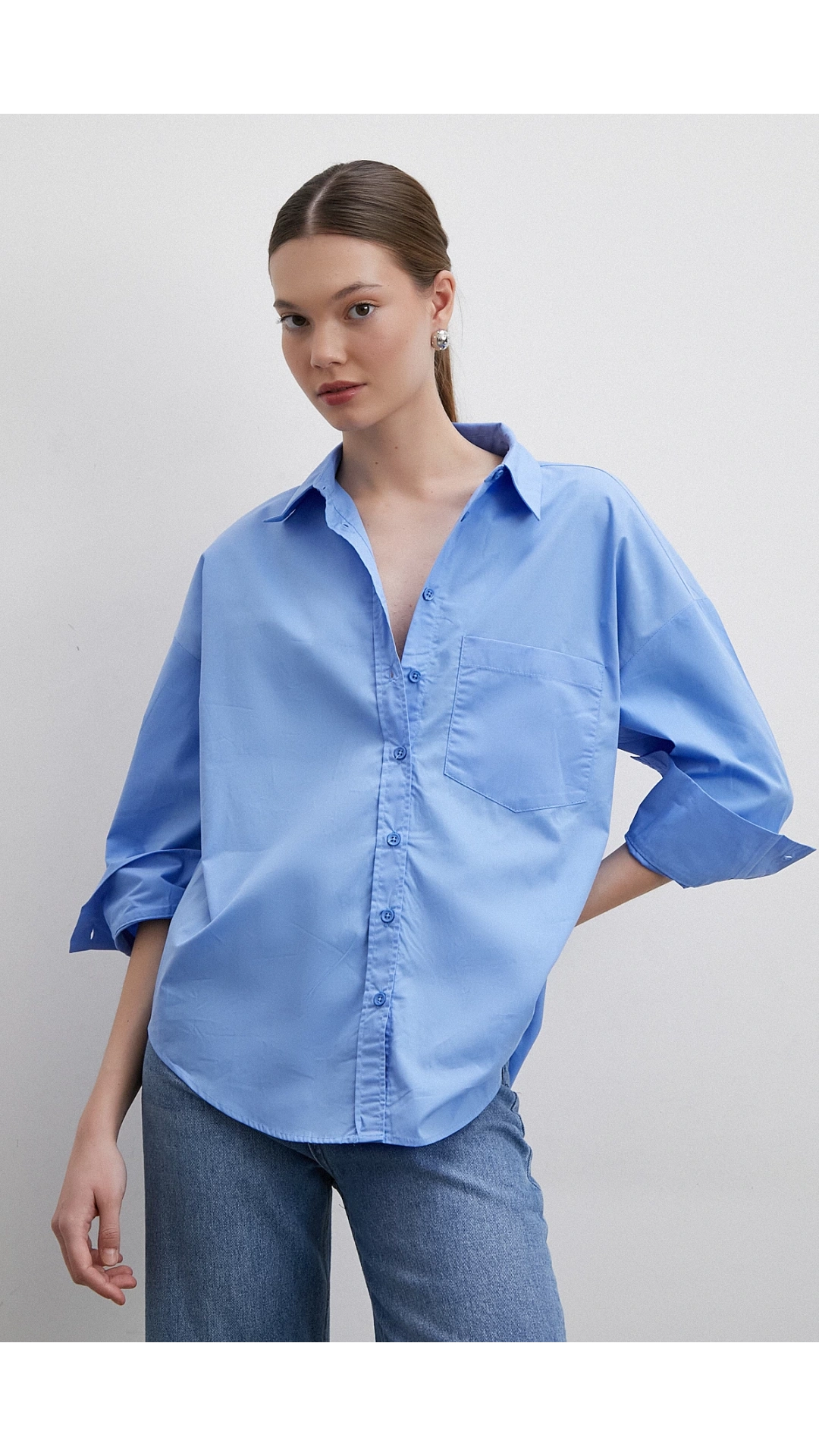 Oversize Pamuklu Gömlek Mavi