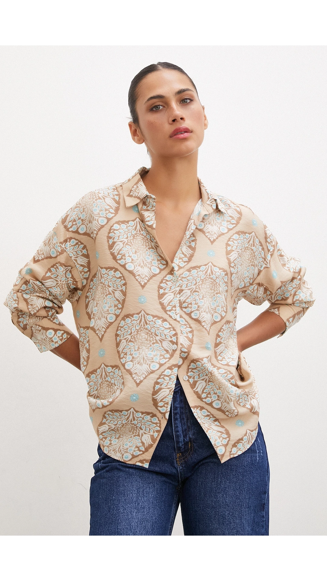Çini Desenli Modal Gömlek Kahve