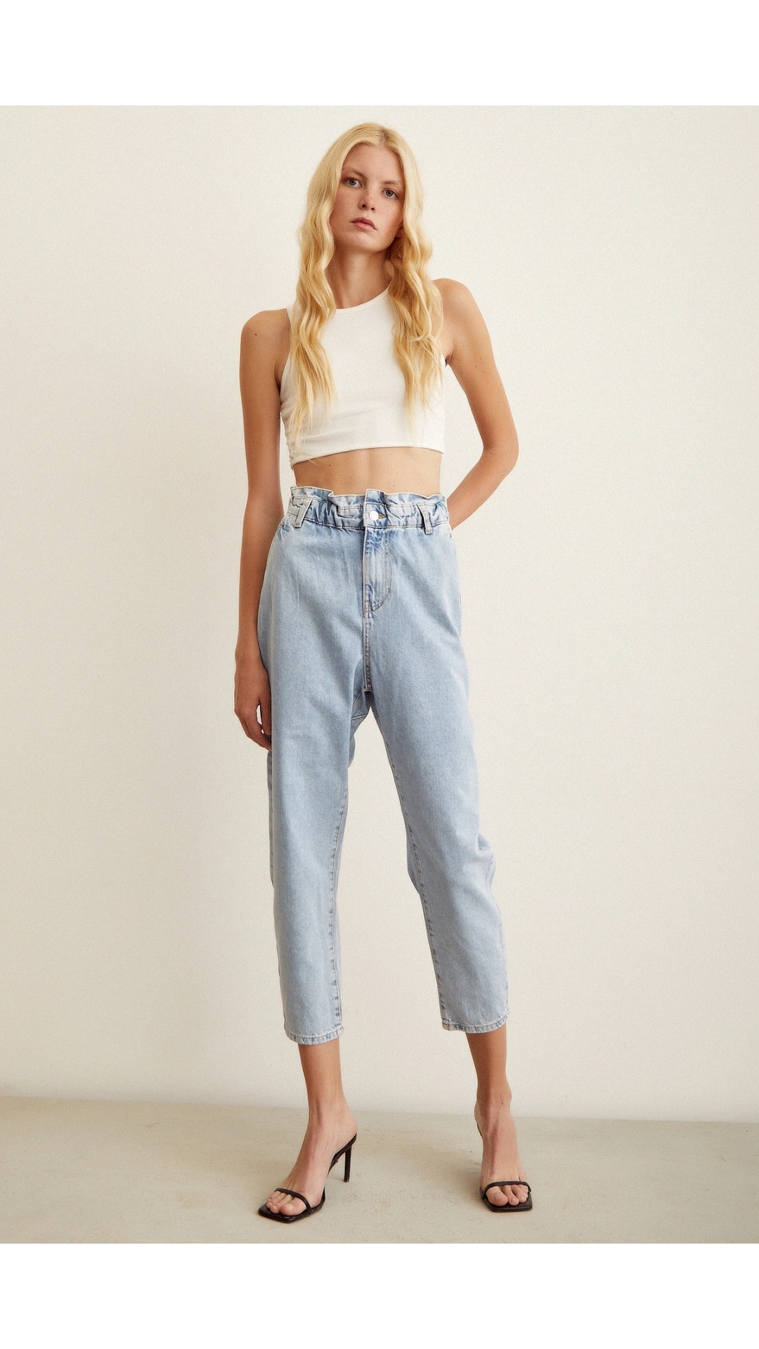 Beli Lastikli Mom Jean Buz Mavisi