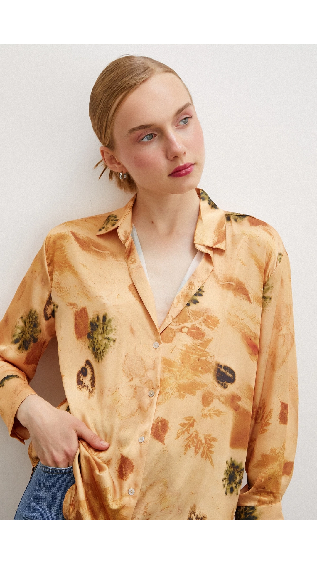 Desenli Saten Gömlek Somon