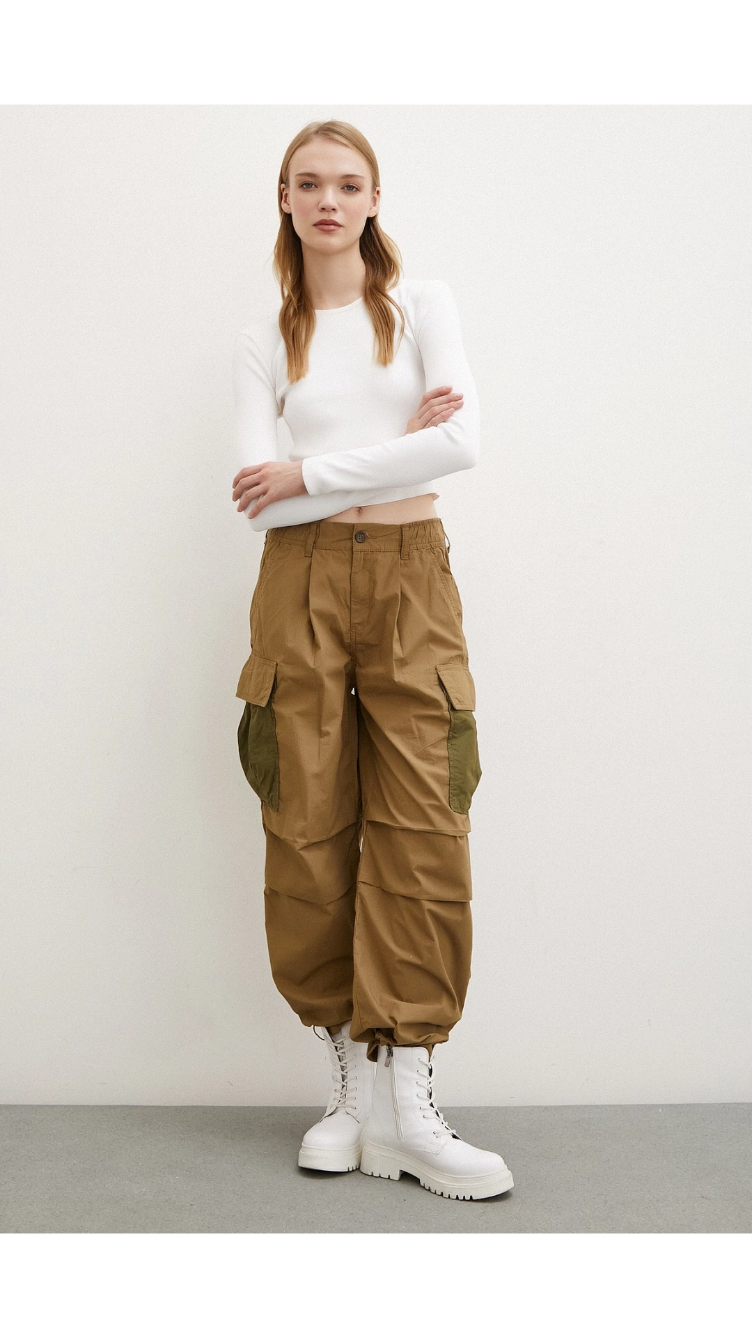 Beli Lastikli Kargo Cepli Paraşüt Pantolon Haki