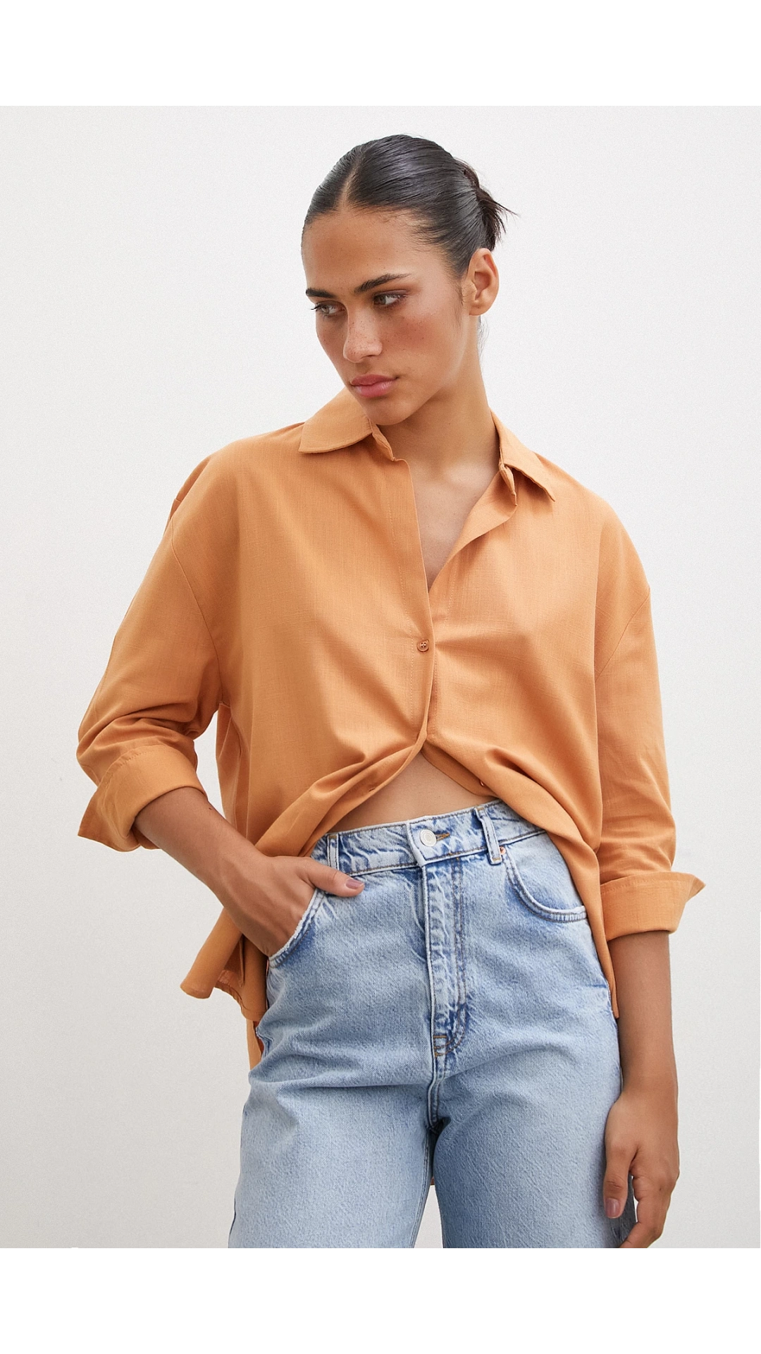 Geniş Manşetli Keten Gömlek Kahve