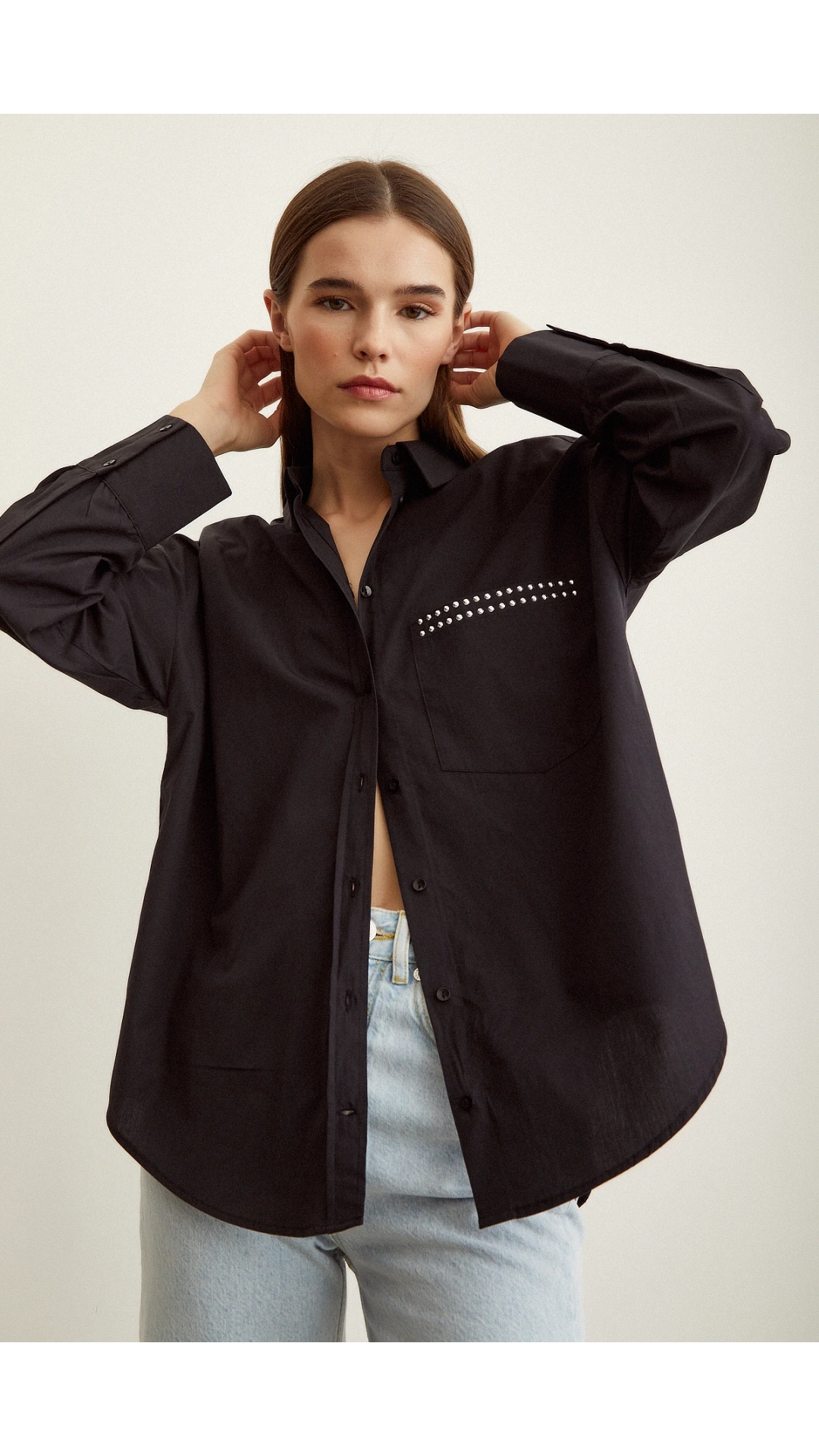 Taş Detaylı Poplin Gömlek Siyah