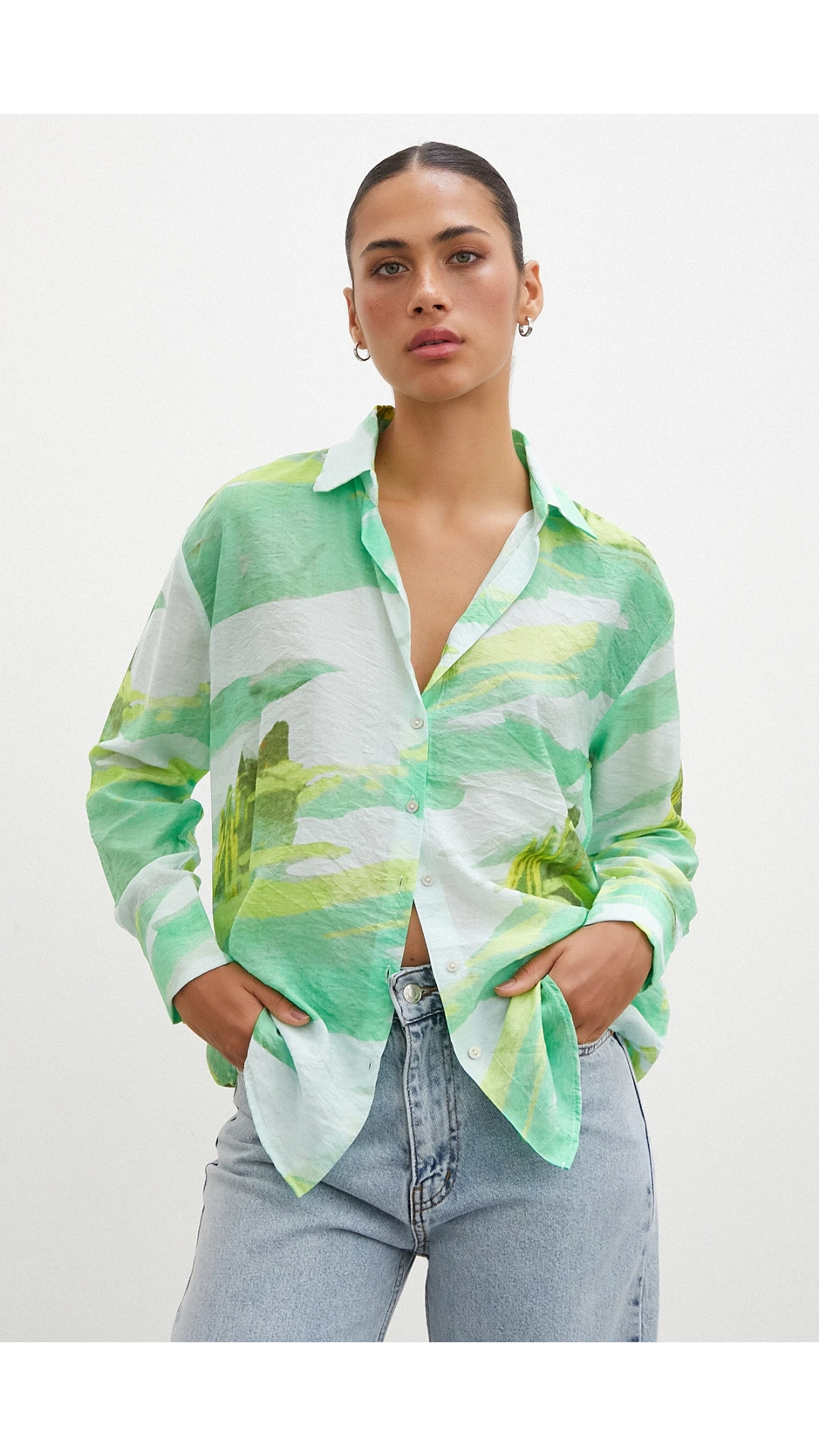 Hawaii Desen Modal Gömlek Yeşil