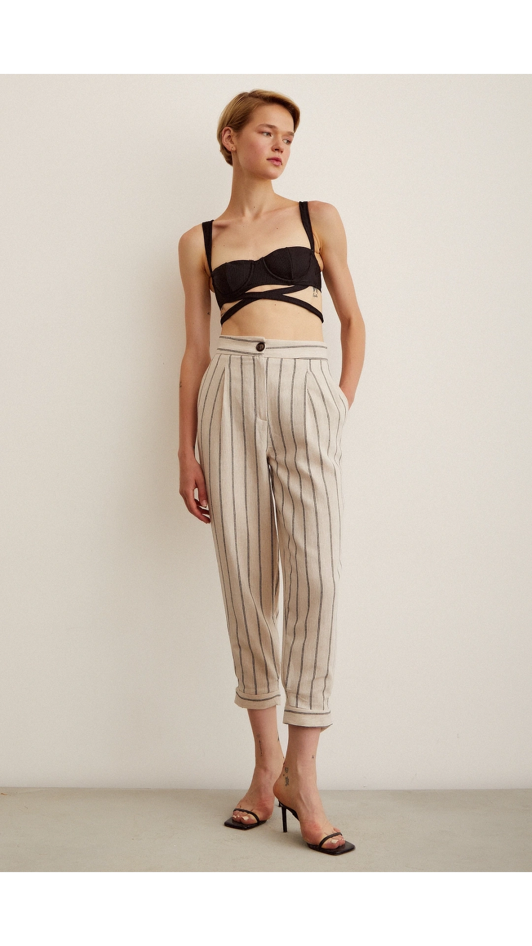 Önü Düğmeli Çizgili Pantolon Çizgili Ekru