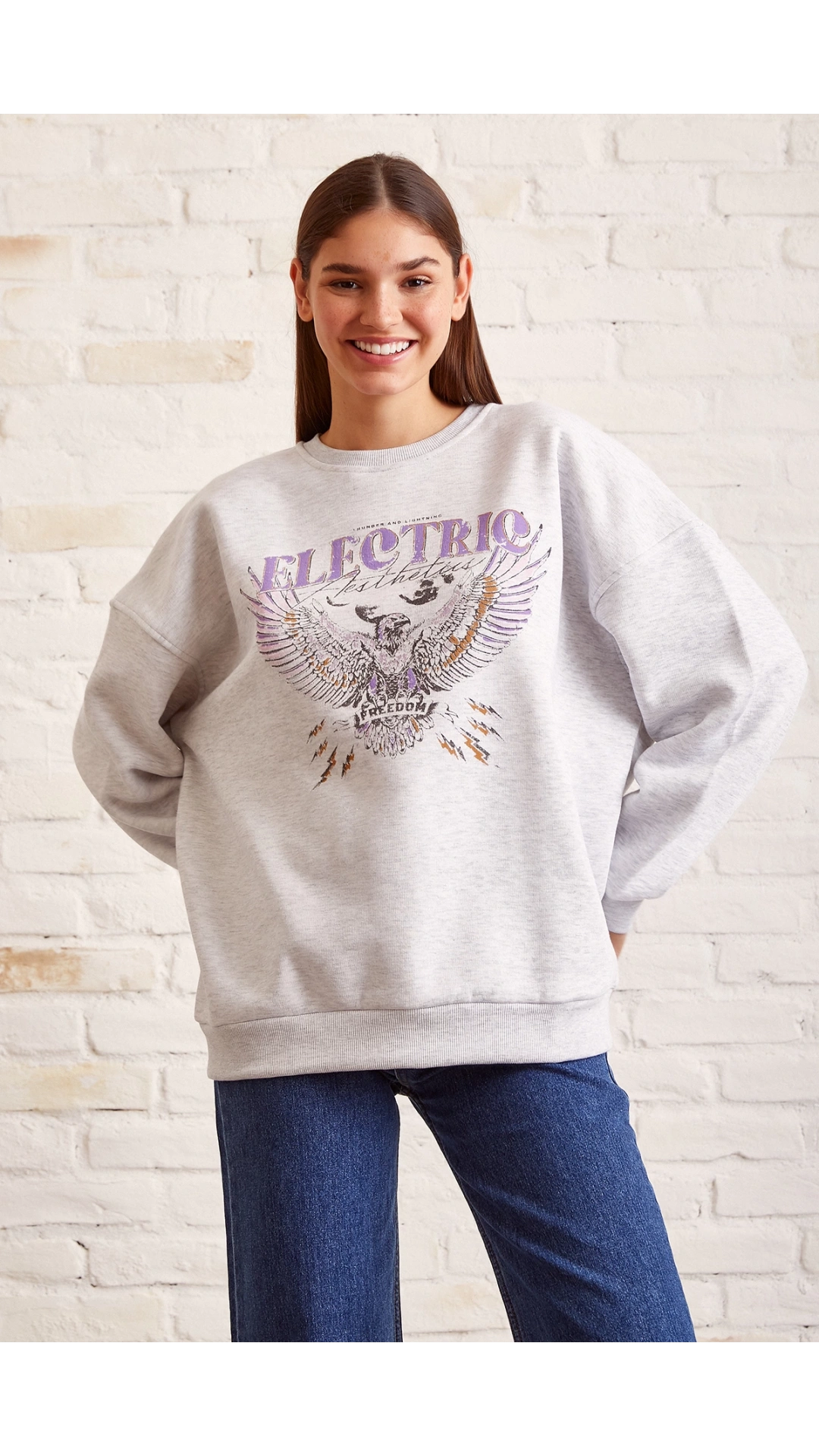 Bisiklet Yaka Baskılı Sweatshirt Kar Melanj