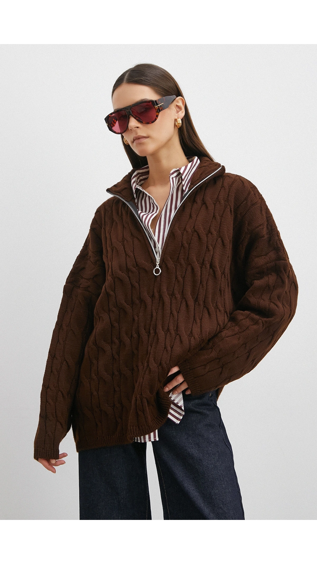 Saç Örgülü Yarım Fermuarlı Kazak Kahve