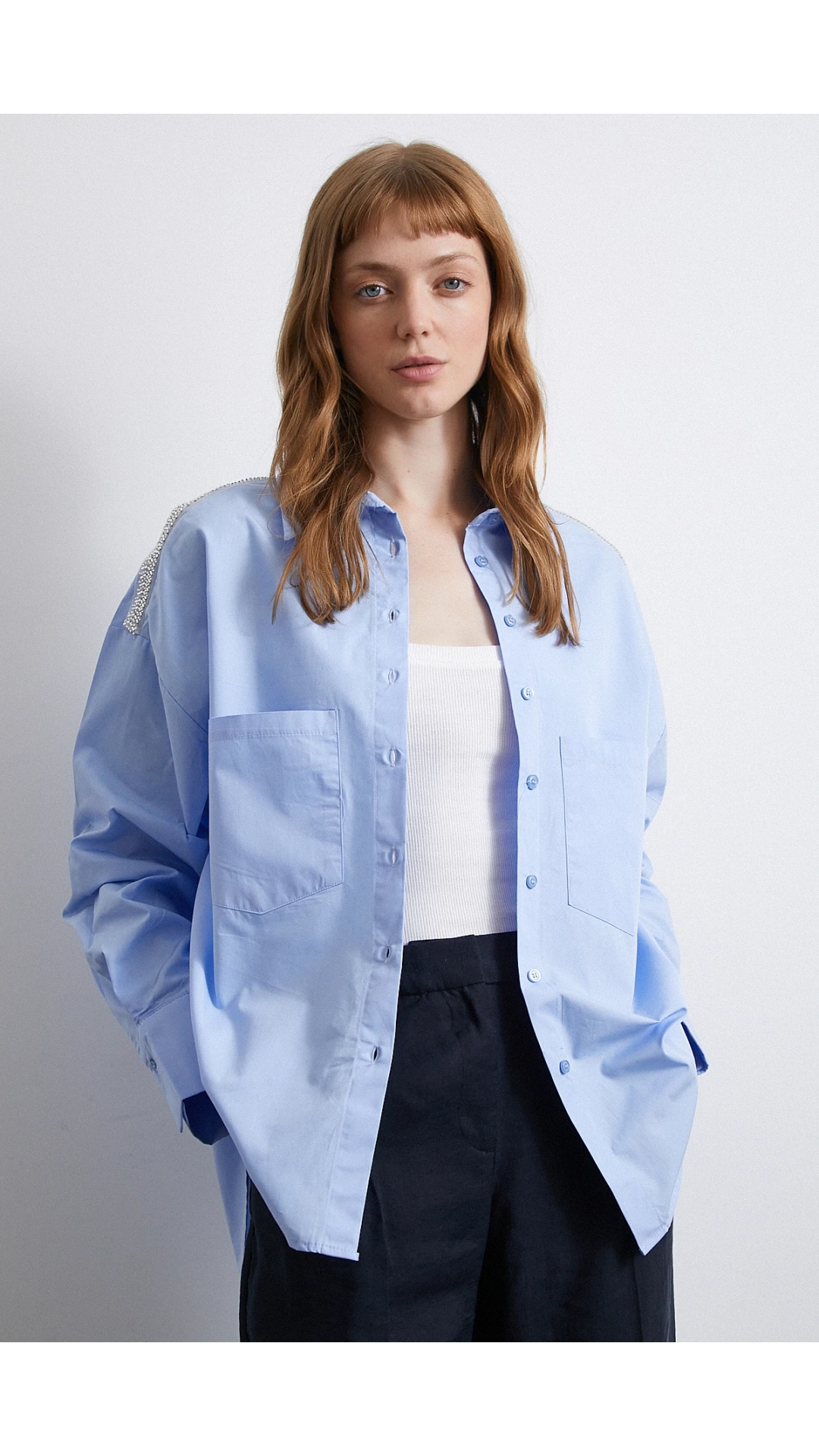 Omuzda Boncuk Detaylı  Oversize Gömlek Mavi