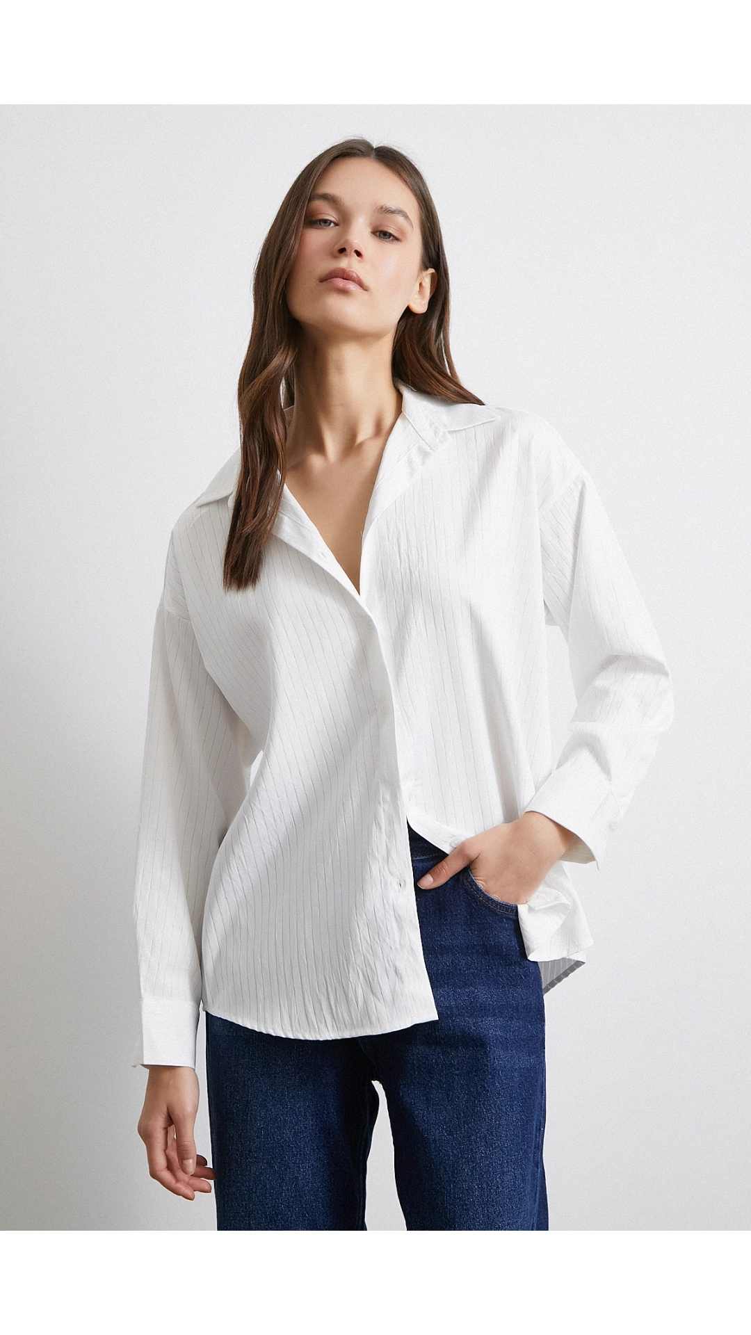 Diagonal Desen Gömlek Beyaz