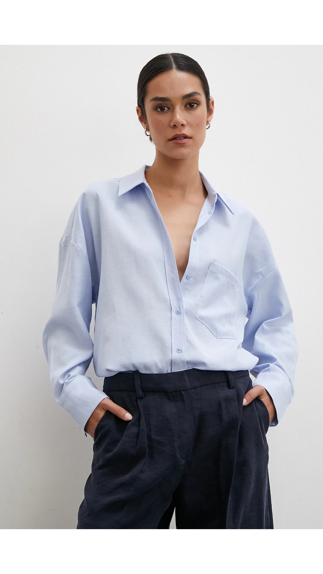 Robalı Klasik Gömlek Buz Mavisi