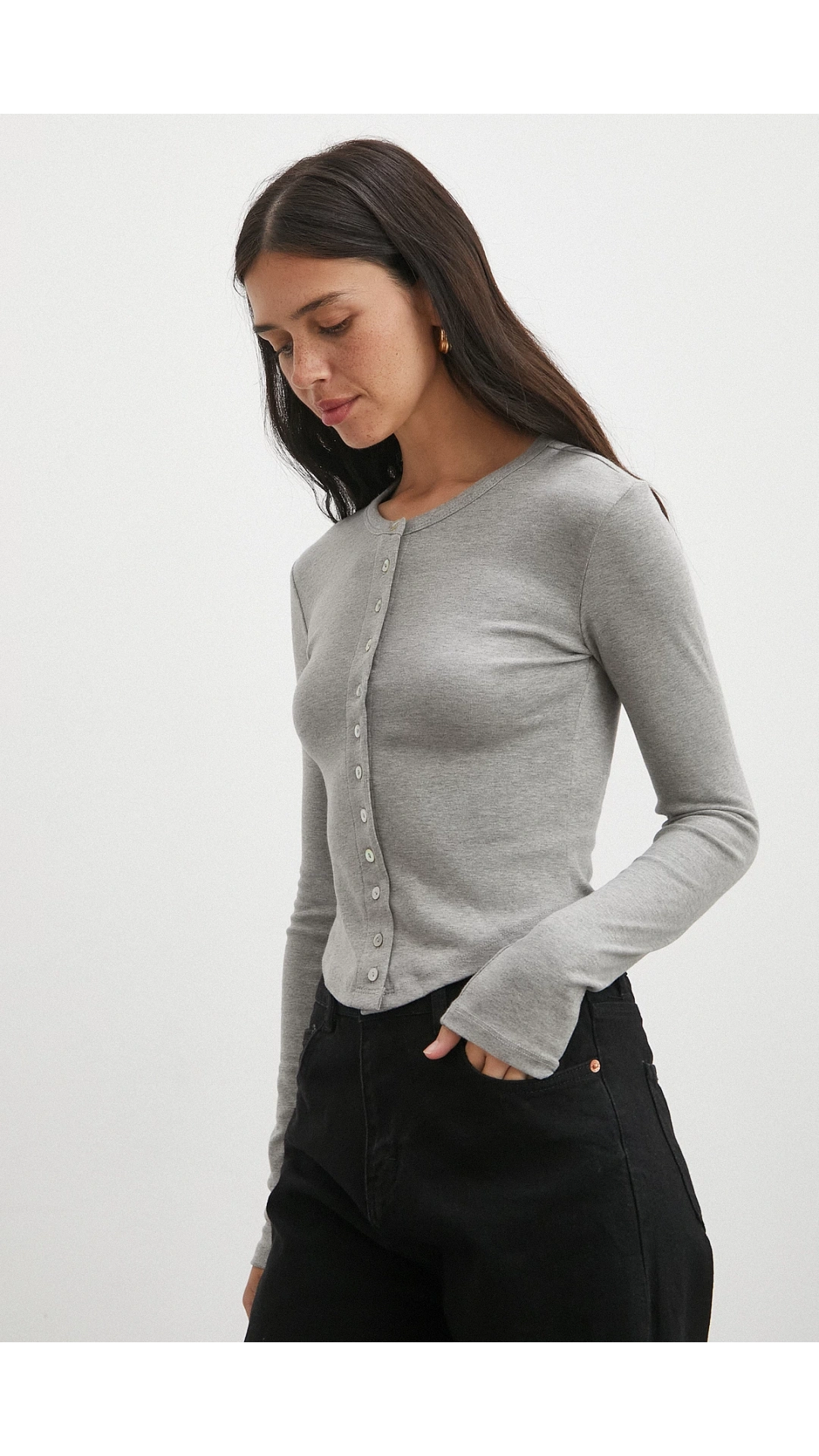 Düğmeli Uzun Kol Bluz Gri
