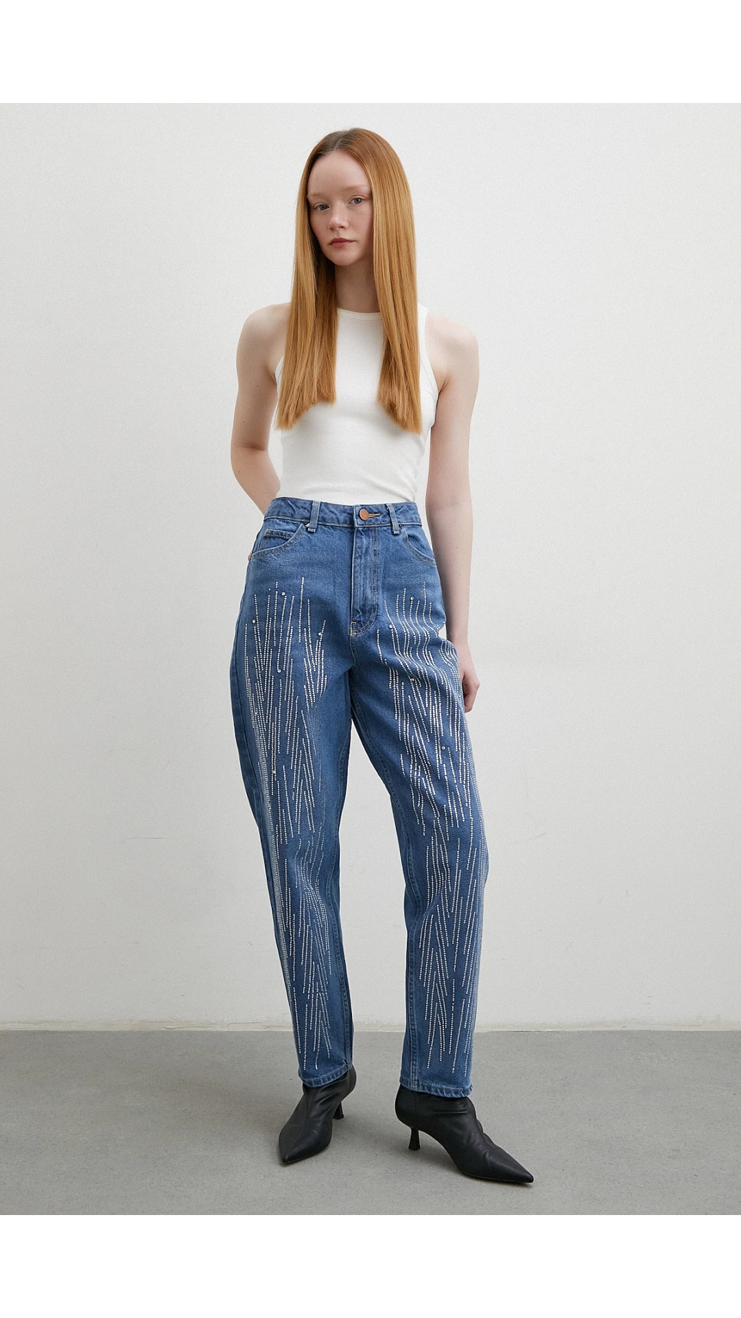 Taş İşlemeli Mom Jean Mavi