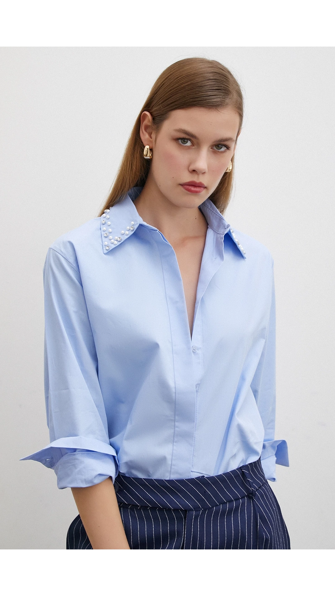 Yaka İncili Poplin Gömlek Mavi