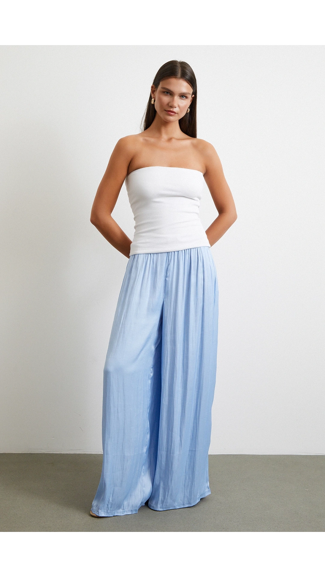 Beli Lastikli Geniş Paça Büzgülü Pantolon Mavi