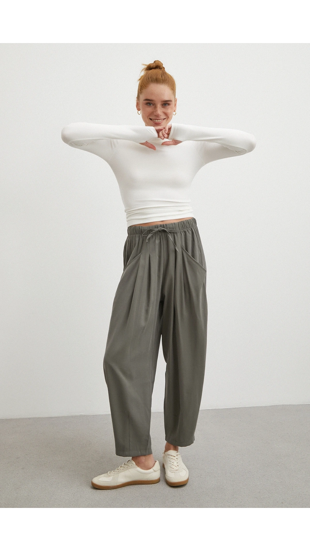 Bağcıklı Beli Lastikli Pileli Pantolon Haki