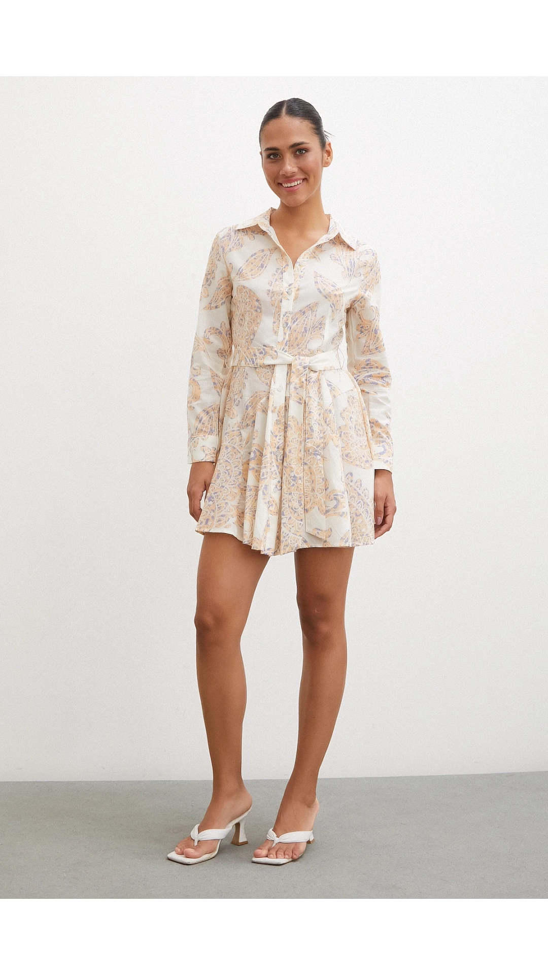 Godeli Desenli Elbise Krem