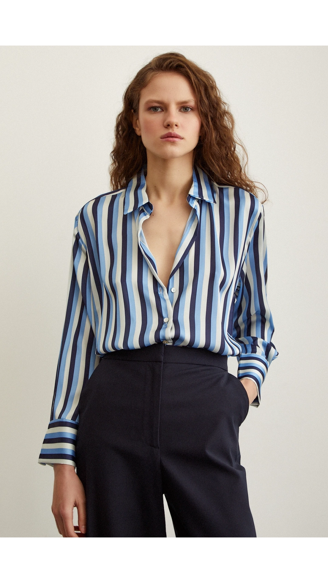 Çizgili Saten Gömlek Lacivert