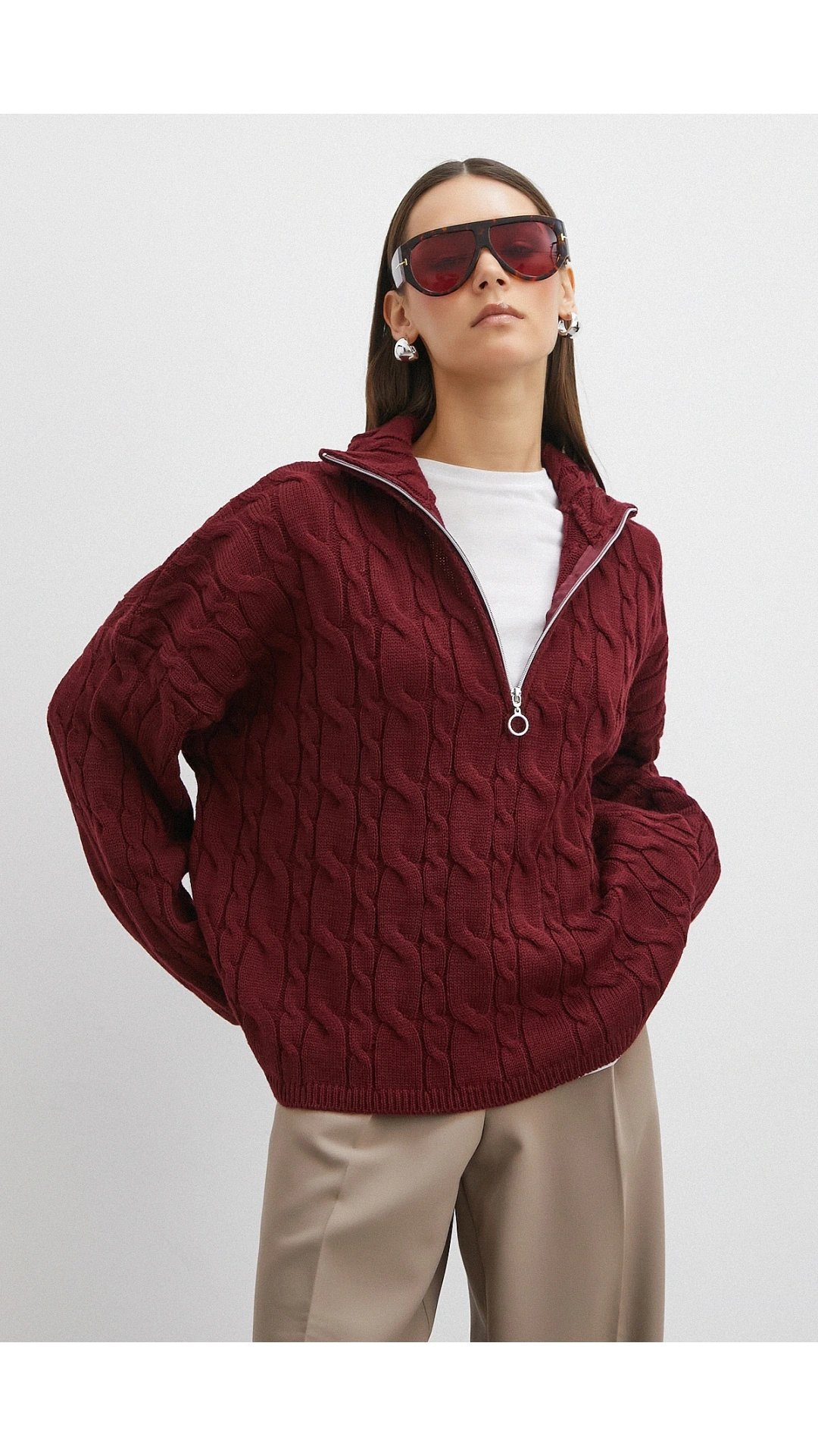 Saç Örgülü Yarım Fermuarlı Kazak Bordo