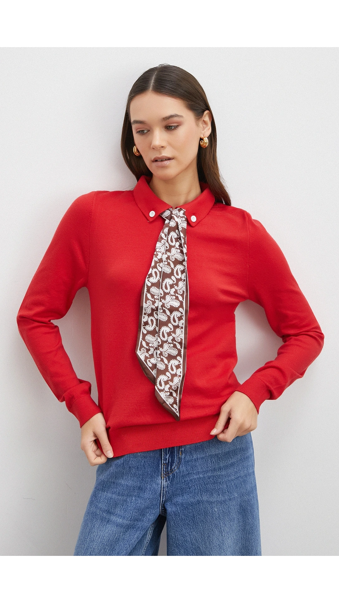 Fularlı Polo Yaka Kazak Kırmızı