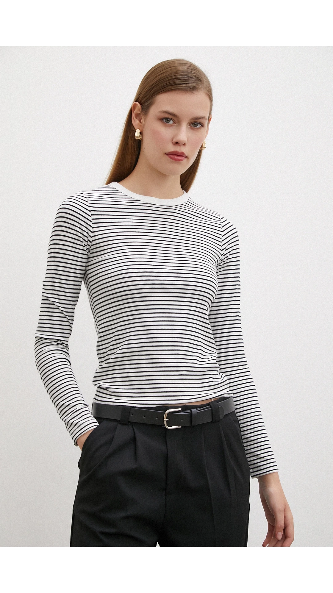 Bisiklet Yaka Çizgili Bluz Beyaz