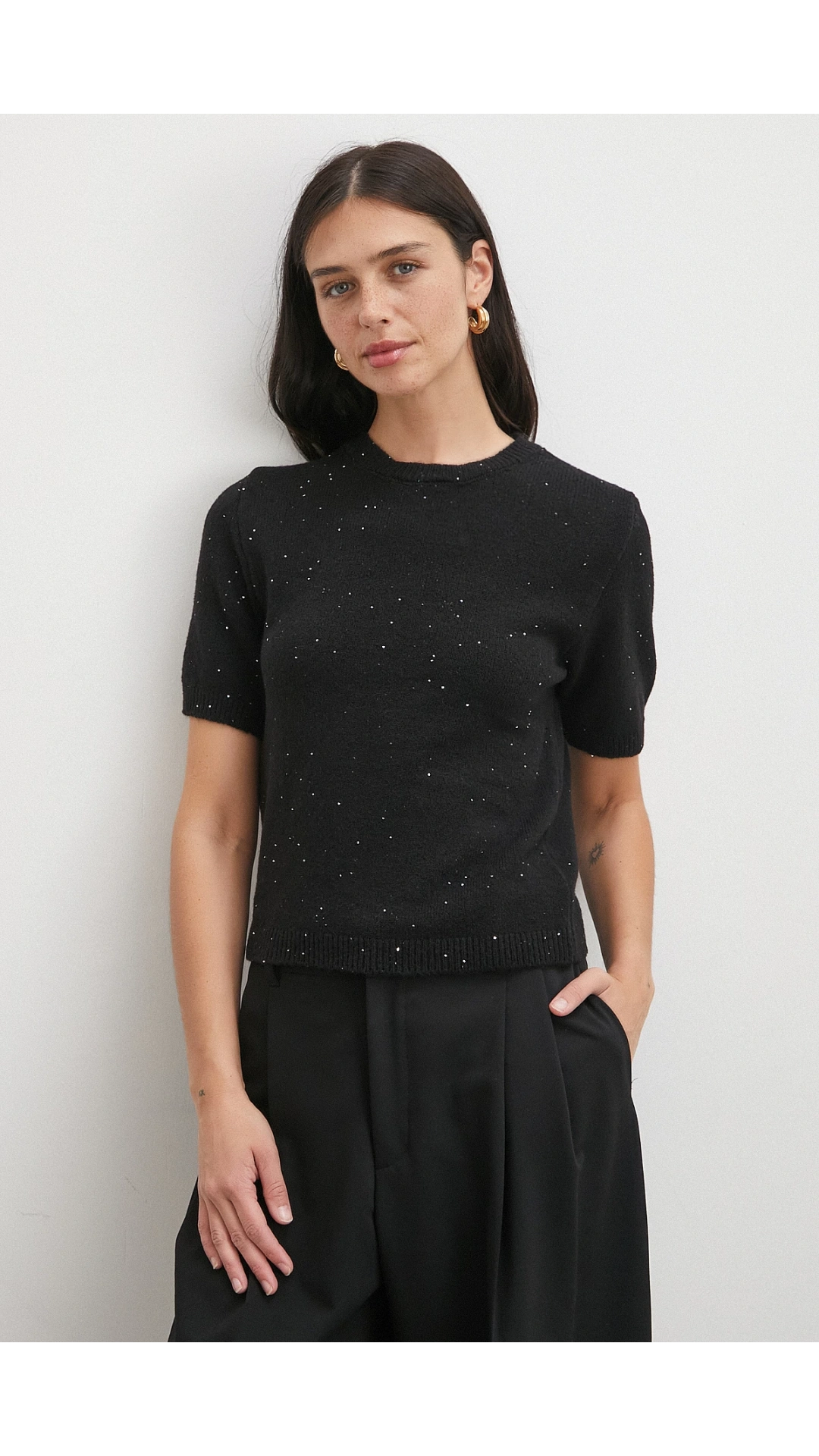 Simli Kısa Kol Kazak Siyah